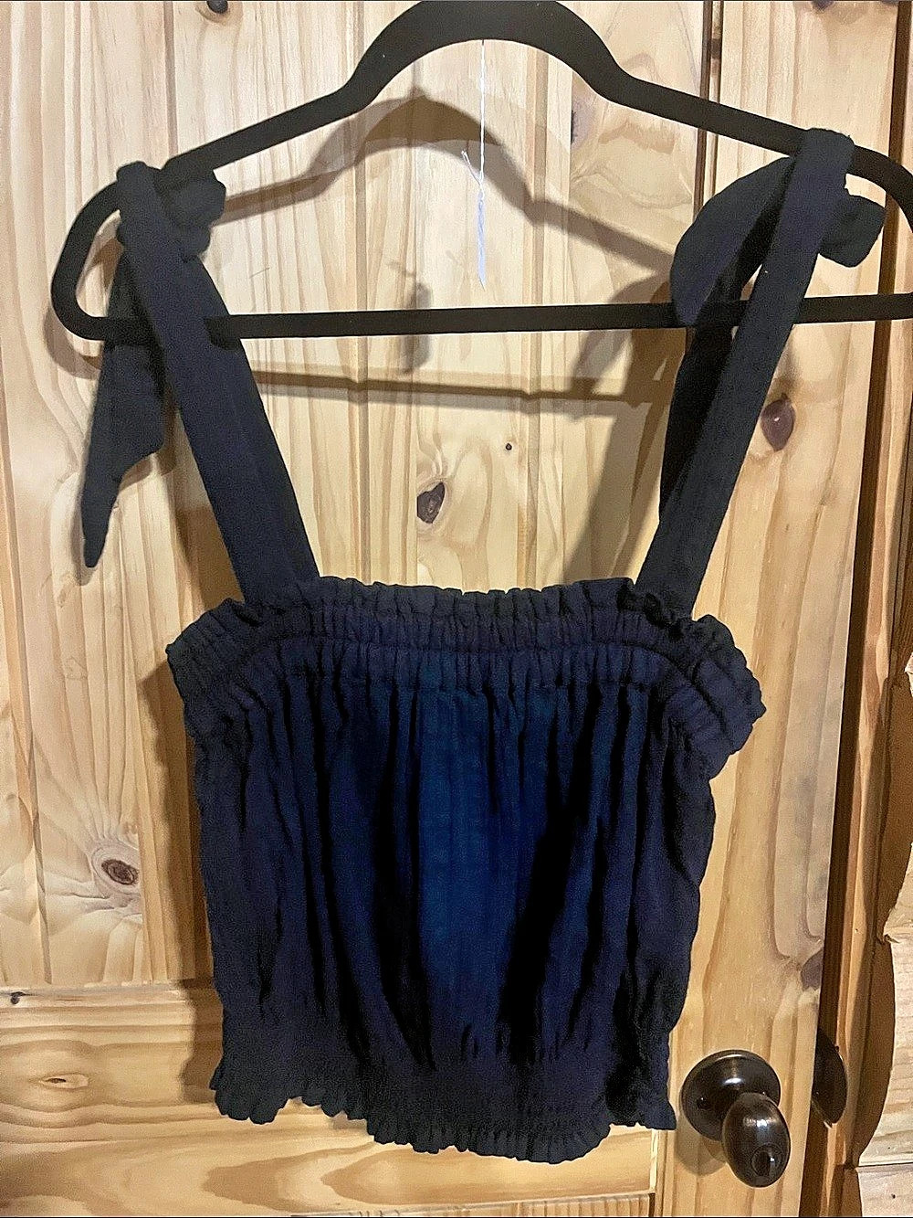 Rip Curl Cotton Gauze Smocked Tie Strap Crop Top Black Small